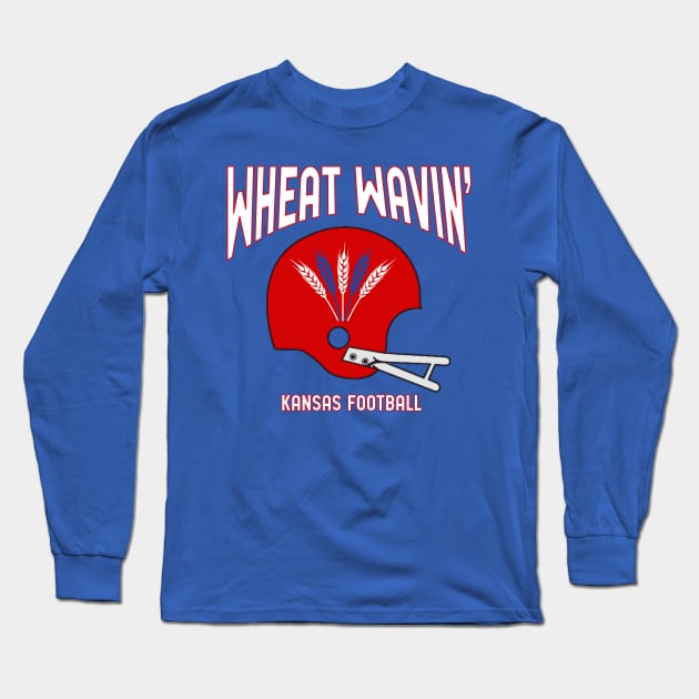 Wheat Wavin KU Football Blue Long Sleeve T-Shirt by Fountain City Designs KC